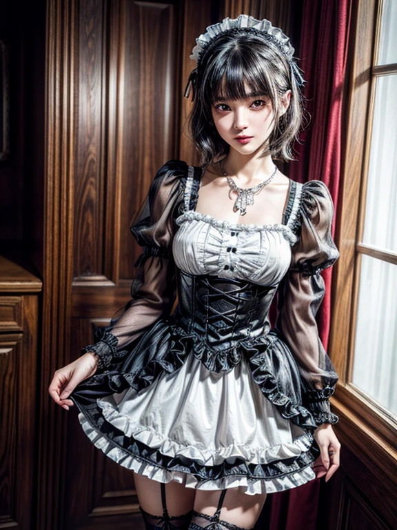 (8K, Photorealistic, Raw photo, of the highest quality: 1.3), (1girl in), Super beautiful, (Realistic face), (boyish, Silver Color Berry Shorthair), Beautiful , Glare that captivates the viewer, Beautiful expression, Beautiful breasts, (Realistic skin), Be...Super high quality, super high definition, super detailed, masterpiece, 20years old, female, cute, perfect face, beautiful, nice body, gothic lolita clothes, gothic lolita fashion, frilly skirt, headdress, necklace, bracelet, knee-high socks, boots, double eyelids, tear bags, Detailed down to the fingers, photo-like description, indoors, dim indoor lighting, black hair, short bob, standing, whole body, composition that shows the whole body, smiling