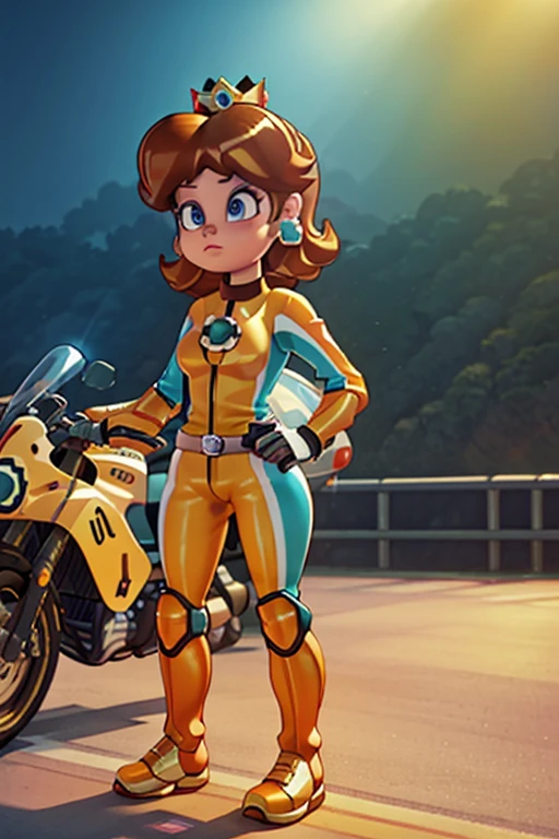 masterpiece, high quality, extremely detailed, 1girl, mature female, solo, ambient soft lighting, perfect lighting, princess_daisy_mariokart_outfit, white and orange motorcycle suit, golden crown, short brunette hair, bright blue eyes, ((Background: Outside, bright and sunny, empty race track, standing next to a motorcycle)), The 4k textures showcases the utmost level of detail, while the cinematic lighting adds depth and adventure to the scene
