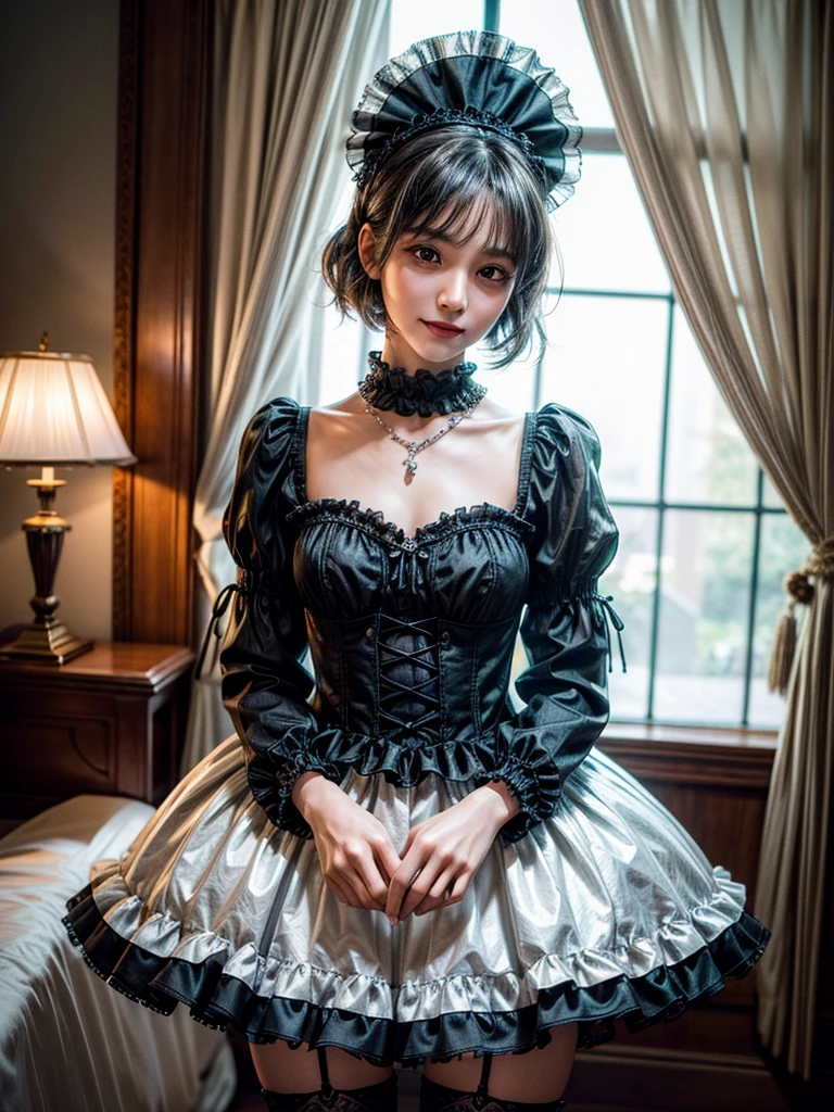 a beautiful gothic lolita girl in a grand mansion, wearing a frilly black skirt, with long black hair, detailed eyes, large breasts, standing in a dramatic pose with a cold, slightly smirking expression, looking directly at the camera with a slightly downcast, brooding gaze, (best quality,8k,ultra-detailed,masterpiece:1.2),(realistic,photorealistic,photo-realistic:1.37),intricate details,vivid colors,studio lighting,HDR,portrait,gothic,dramatic lighting,moody,cinematic