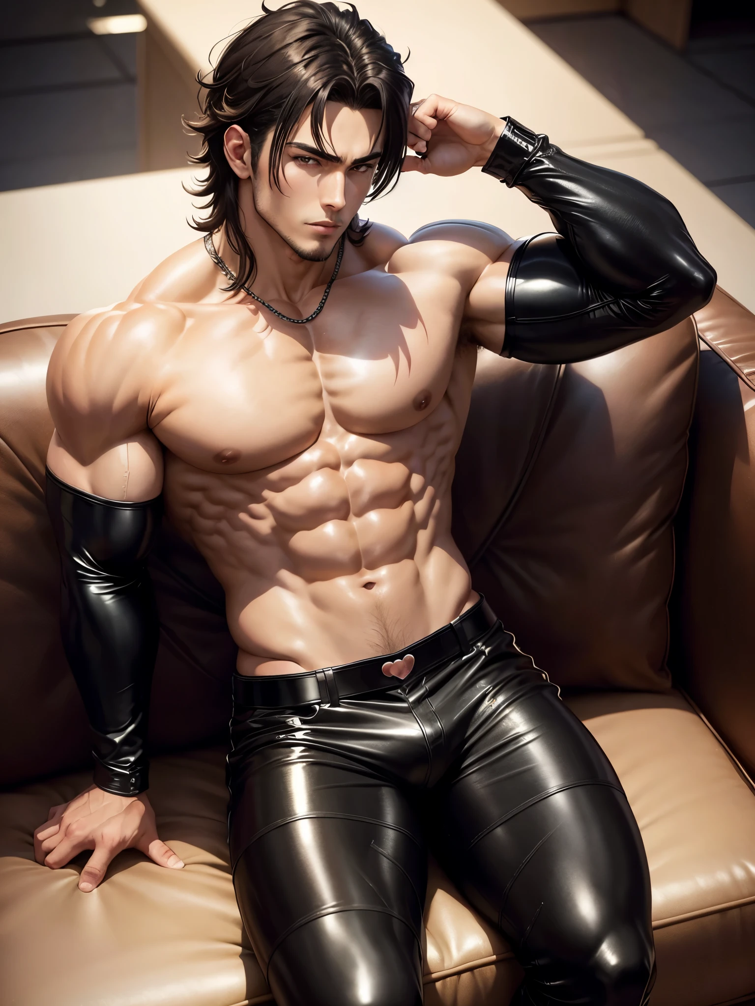 an Anime Sexy Man,sitting down on couch,big biceps and muscular body,dark hair, Black leather shiny crop too,revealing abs,visible abdominal muscles,Tattoos, hearts, leather tight pants