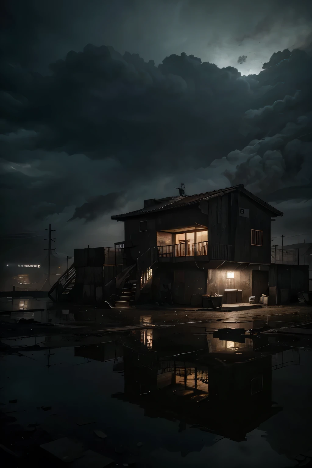 (best quality,highres:1.2),dark,dystopian, una vivienda  con botes de aguas, pobreza, precariedad, un mal ambiente temor ,dramatic composition,intense atmosphere,haunting colors,harsh lighting,dynamic angles.