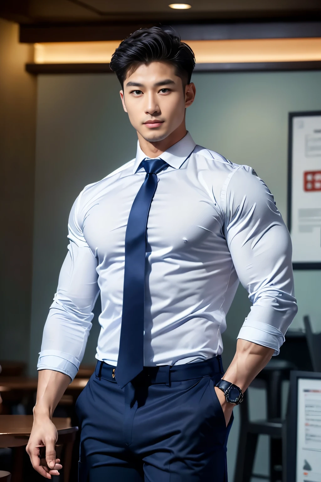 (masterpiece: 1.2),(CGI Art:1.3),(Realistic:1.5),(Post Processing:1.3), (crisp focus:1.3), 1 man, (Navy Necktie Suit), Navy Cargo Pants, Young Korean , Korean Men, (High shadow detail), Pectoral muscles, Big arm muscles, blood vessel, Big muscles, Wide shoulders, looking at the audience, balance eyes, nightclub, bar, Cafe