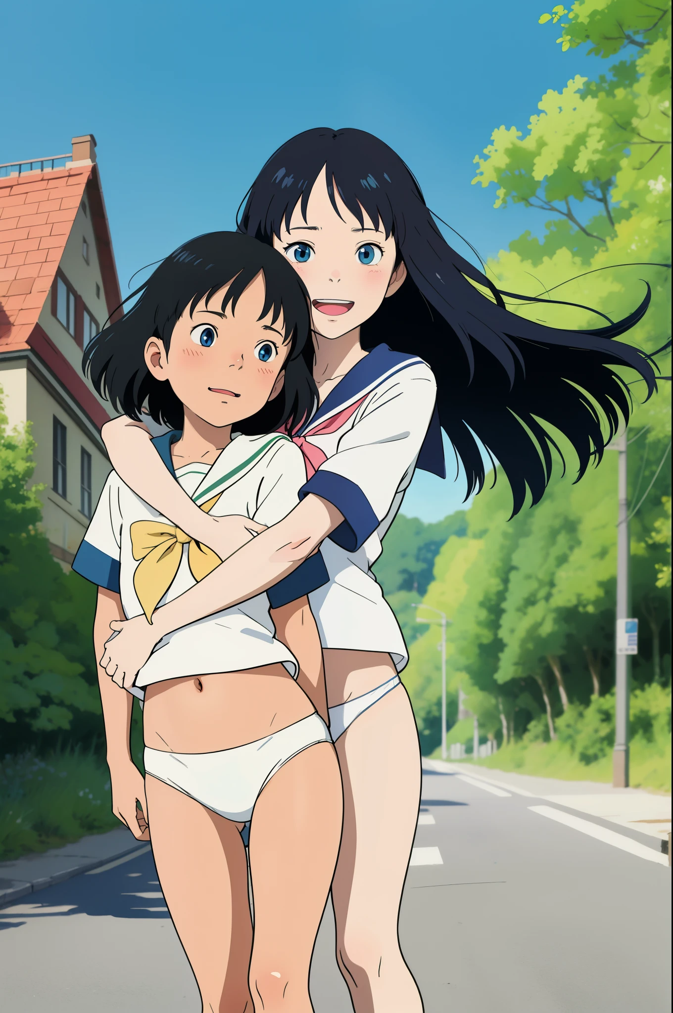 superflat, flat shading, flat colors, vibrant colors, (closeup), 2girls, little, lolis, 8yo, flat chest, long black hair, blue eyes, (white panties), (white school shirt), sneakers, sailor collar, hugging, play, fun, smile, blush, town street, summer, green trees, blue sky, bright colors, best shadows, watercolor, Ghibli style、