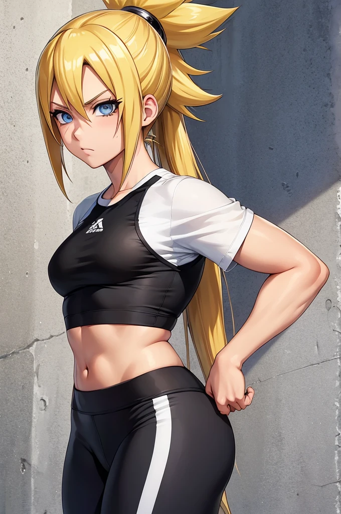 Naruto Uzumaki, Naruto Uzumaki, full name: Naruto Uzumaki, also known as Naruto, gender-swapped to female, female Naruto Uzumaki, girl Naruto Uzumaki, girl Naruto, gender swap Naruto Uzumaki, gender swap Naruto, blonde hair, vibrant blonde hair, golden blonde hair, sun-kissed blonde hair, blue eyes, bright blue eyes, sparkling blue eyes, captivating blue eyes, gym clothes, athletic gym clothes, sporty gym attire, flex leggings, matte-black flex leggings, sleek matte-black flex leggings, form-fitting matte-black leggings, white cropped t-shirt, trendy white cropped t-shirt, stylish white cropped t-shirt, gym clothes, athletic look, sporty chic, activewear, modern gym outfit, female Naruto Uzumaki, girl Naruto, gender swap Naruto Uzumaki, gender swap Naruto, high quality, 8k, perfect image, best image, highly detailed, detailed, beautiful, stunning image, exquisite details, flawless representation, hyper-realistic, photo-realistic.