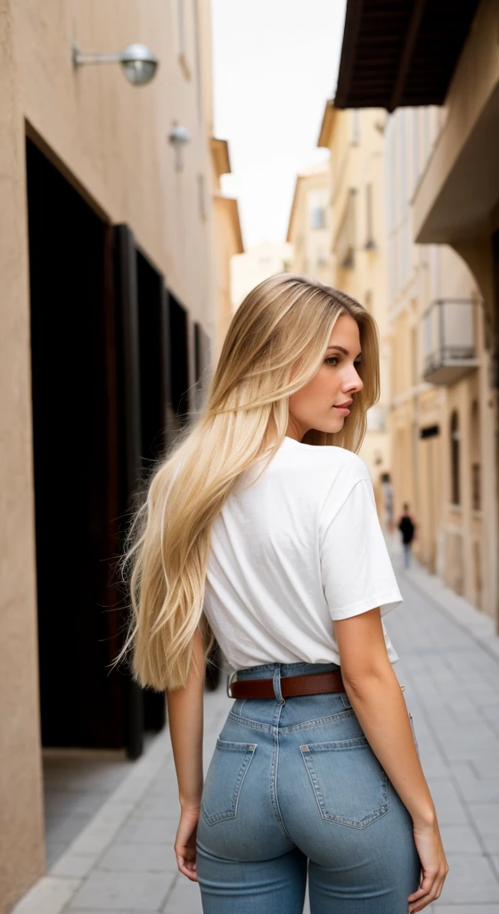 A 23 year old blonde woman, ((big breasts)), ((hyperrealism)) ,. Blonde hair with light brown roots. blonde hair, Hair with brown roots, extra long hair, very long hair, very long hair, very long hair, very long hair, very long hair, very long hair, beautiful, back view, take a photo, Photo taken, full body, in wearing a white t-shirt, and jeans with a stylish belt, showing her ass, first-rate ass, huge ass, with a low-cut top, photo at the street of port monaco, high quality, Nikon D850 film stock photograph Kodak Portra 400 camera f1.6 lens, full body, sexy body, sexy body.