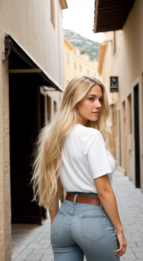 A 23 year old blonde woman, ((big breasts)), ((hyperrealism)) ,. Blonde hair with light brown roots. blonde hair, Hair with brown roots, extra long hair, very long hair, very long hair, very long hair, very long hair, very long hair, very long hair, beautiful, back view, take a photo, Photo taken, full body, in wearing a white t-shirt, and jeans with a stylish belt, showing her ass, first-rate ass, huge ass, with a low-cut top, photo at the street of port monaco, high quality, Nikon D850 film stock photograph Kodak Portra 400 camera f1.6 lens, full body, sexy body, sexy body.