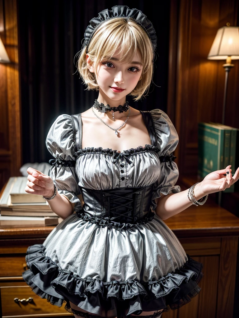 (8K, Photorealistic, Raw photo, of the highest quality: 1.3), (1girl in), Super beautiful, (Realistic face), (boyish, Silver Color Berry Shorthair), Beautiful , Glare that captivates the viewer, Beautiful expression, Beautiful breasts, (Realistic skin), Be...Super high quality, super high definition, super detailed, masterpiece, 20years old, female, cute, perfect face, beautiful, nice body, gothic ta clothes, gothic loliashion, frilly skirt, headdress, necklace, bracelet, knee-high socks, boots, double eyelids, tear bags, Detailed down to the fingers, photo-like description, indoors, dim indoor lighting, blonde hair, short bob, standing, whole body, composition that shows the whole body, smiling