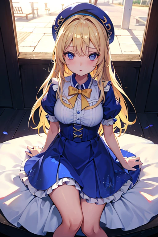 Chica rubia de ojos azules de con complexion mediana mirada compasiva recibiendo la luz de sol