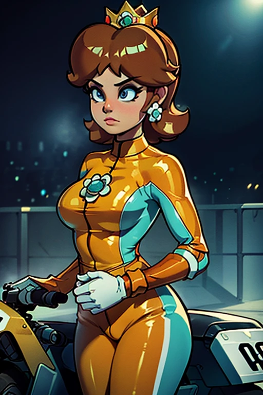 masterpiece, high quality, extremely detailed, 1girl, mature female, solo, ambient soft lighting, perfect lighting, princess_daisy_mariokart_outfit, white and orange motorcycle suit, golden crown, short brunette hair, bright blue eyes, ((Background: Outside, bright and sunny, empty race track, standing next to a motorcycle)), The 4k textures showcases the utmost level of detail, while the cinematic lighting adds depth and adventure to the scene
