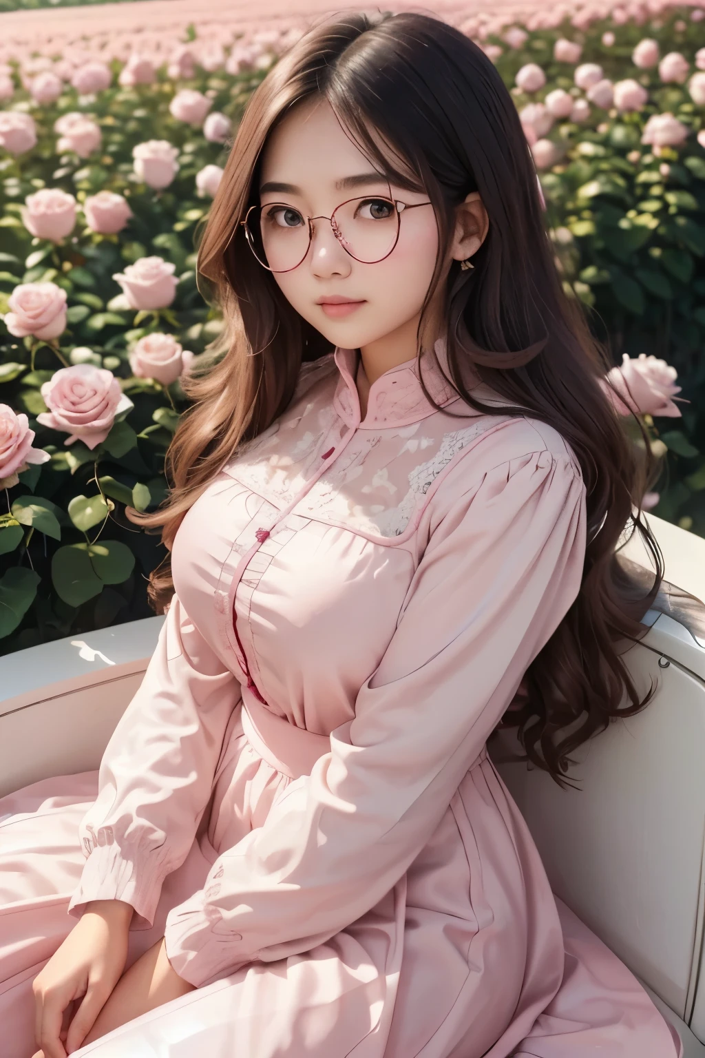 detailed face of  photo. 20 year old white skin Indonesian girl with a sweet  face, slim body   round face chubby face and long Brown wavy hair, round glasses wear luxury pink glossy long Sleeve dress with pink rose pattern and long skirt in luxury rose field 
