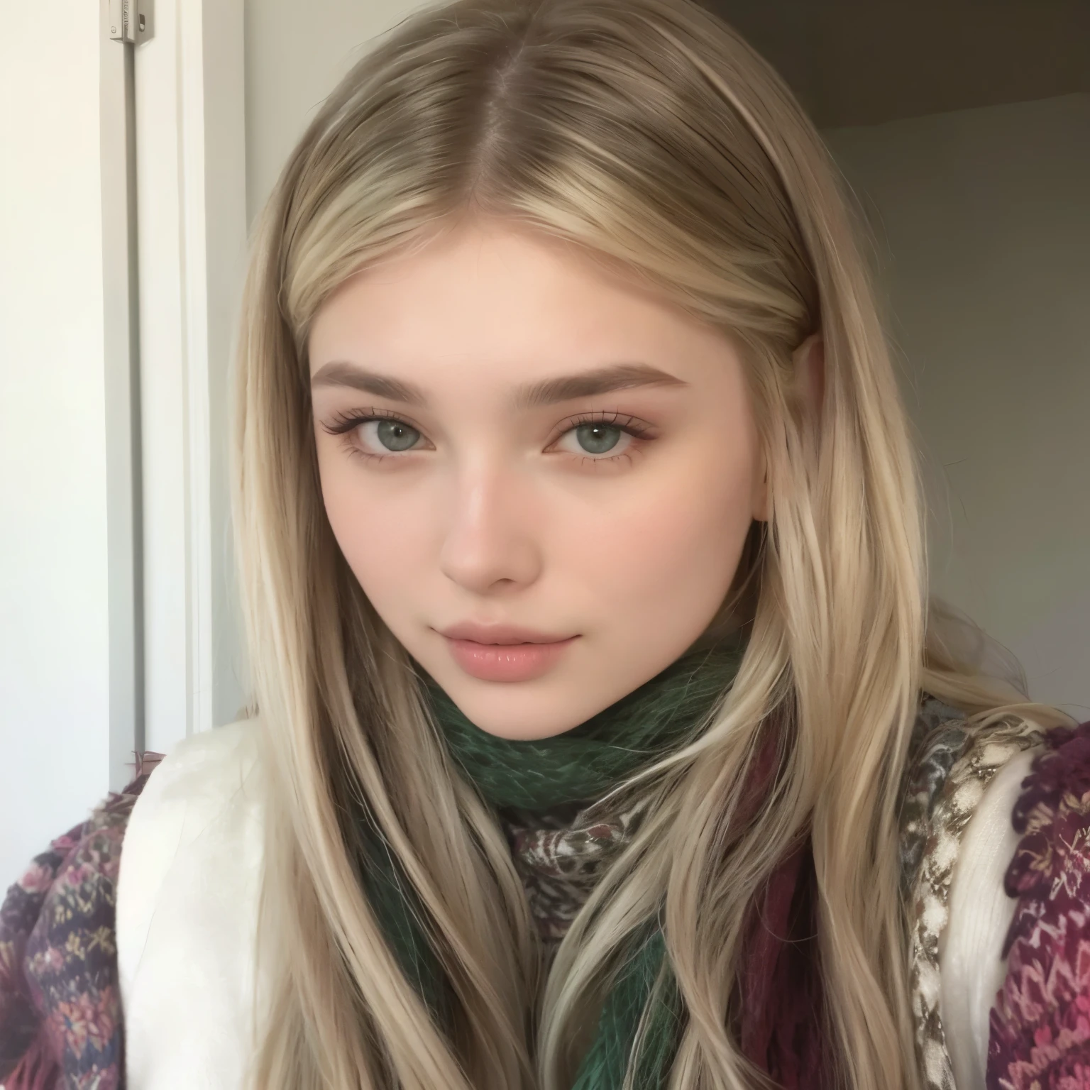 Close-up of a woman with long hair and a scarf, sin maquillaje, elfo eva, anastasia ovchinnikova, yelena belova, inspired by Louisa Matthíasdóttir, Angelina Stroganova, 2 4 year old female model, beautiful nordic woman, 18 years, cabello rubio y ojos grandes, julia gorokhova