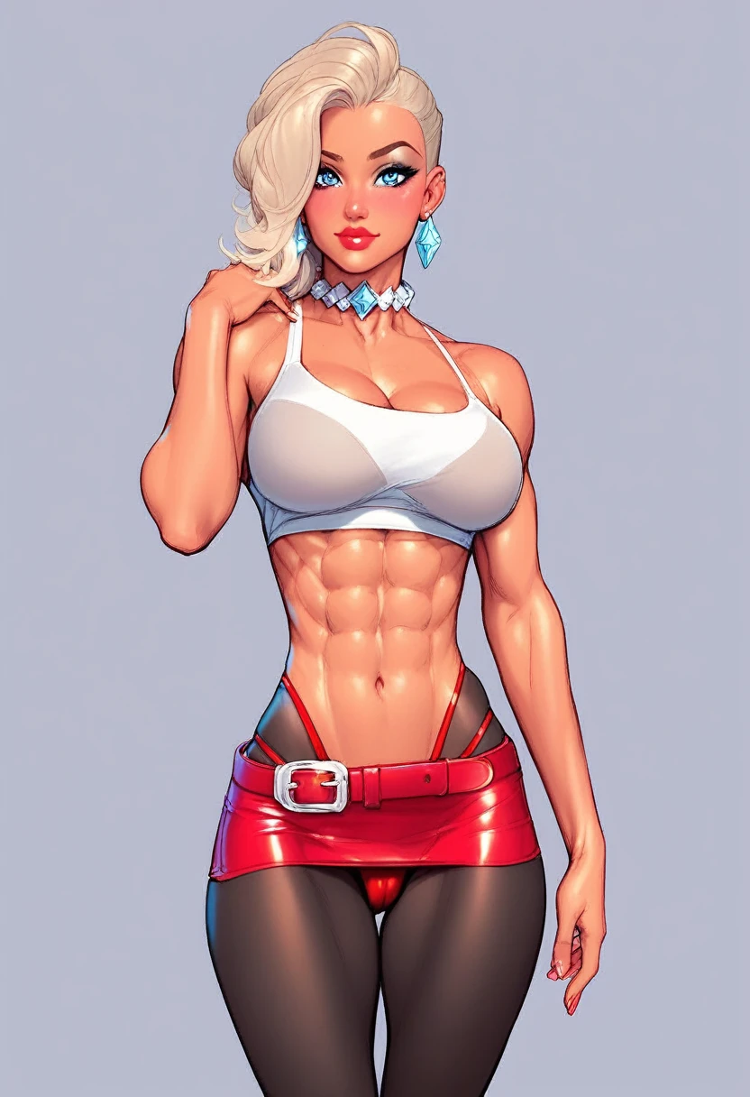 score_9, score_8_up, score_7_up, score_6_up, score_5_up, score_4_up, comic art illustration, BREAK; blonde 22 yo hottie, (asymmetrical hair-length bob haircut), platinum blonde hair, diamond earrings, diamond choker, braless see-through cropped top, large natural breasts, (sexy belt (tight) (black mini micro-skirt)), red highleg-thong cameltoe, (black tights); posing in a powerful stance, toned body; beach background; intricate details, detailed eyes, rating_adult, score_9, score_8_up, score_7_up