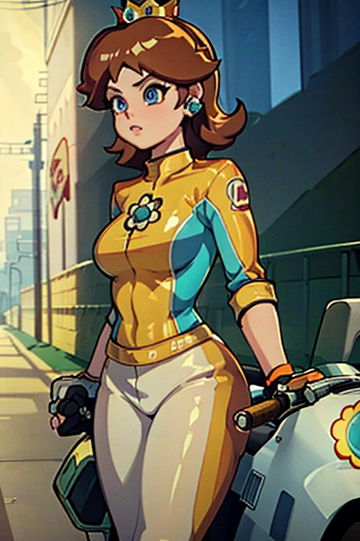 masterpiece, high quality, extremely detailed, 1girl, mature female, solo, ambient soft lighting, perfect lighting, princess_daisy_mariokart_outfit, white and orange motorcycle suit, golden crown, short brunette hair, bright blue eyes, ((Background: Outside, bright and sunny, empty race track, standing next to a motorcycle)), The 4k textures showcases the utmost level of detail, while the cinematic lighting adds depth and adventure to the scene
