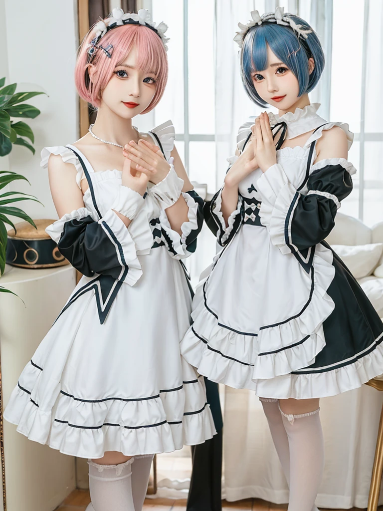 Accurate depiction with high resolution,(8K, Photorealistic, Raw photo, of the highest quality: 1.3), (1girl in), Super beautiful, (Realistic face), (boyish, pink Color Berry Shorthair), Beautiful , Glare that captivates the viewer, Beautiful expression, Beautiful breasts, (Realistic skin), Be...Create a detailed and colorful image of Ram and Rem from Re:Zero, standing back-to-back in their maid outfits, with a magical fantasy background、14years old, two girls,cute, perfect face, beautiful, nice body, gothic lolita clothes, gothic lolita fashion, frilly skirt, headdress, necklace, bracelet, knee-high socks, boots, double eyelids, tear bags, Detailed down to the fingers, photo-like description, indoors, dim indoor lighting, one girl is pink hair and short bob, another girl is light blue hair and short bob,standing,whole body, composition that shows the whole body, smiling,The Both of them are wearing the same type of maid outfit,Even the fingers are clearly depicted