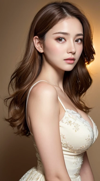 ((highest quality, 8k, masterpiece :1.3)), One girl, Pretty woman with emphasizing, Light brown hair, Big Breasts, (Backlight :1.2), Highly detailed face, Fine grain, double eyelid