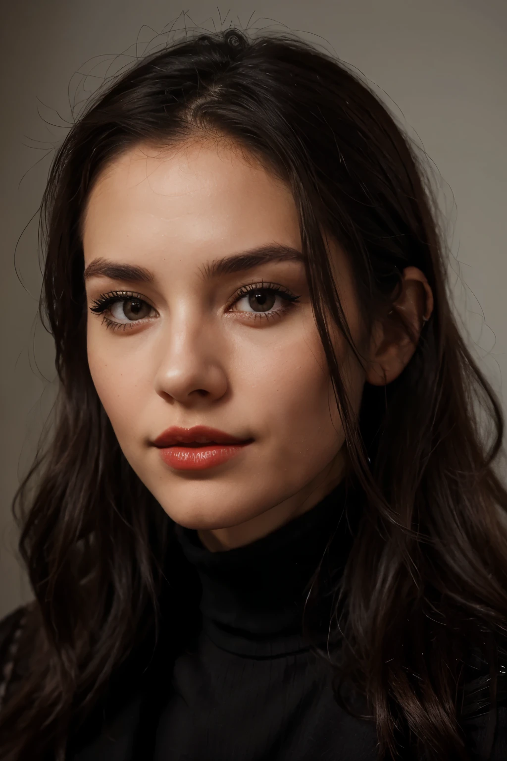 une fille coréenne avec de long cheveux noir lisse,monolid brown eyes red lips 