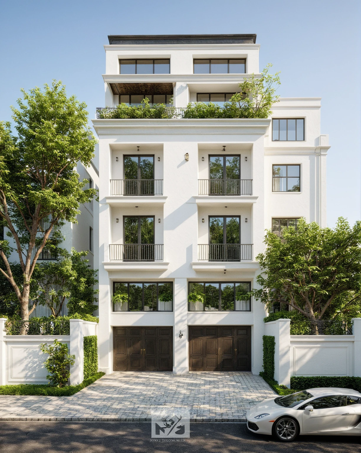 neoclassic house, exterior design, (white wall:1.2), (cornice details, neoclassical relief details), (iron gate), (reflection glass Tree shadow scattering), window, (focus on object), (Neutral lighting is suitable for the neoclassic house, light color thermometer lighting), (architectural design visualization), (focus on object), (material normal bump real reflection), (scattered light), (light ray), (multi-beam light), (sunbeam) (multi-level reflection), (chao vantage software visualization render),(((Best Quality))), ((Masterpiece)), ((best illustration)), ((best shadows)), ((Super Detail)), (Intricate lines), (Photorealism),(hyper detail), ((archdaily)), ((award winning design)), (dynamic light), ((dawn sun light )), (perfect light), (shimering light), ((photorealistic)), ((intricate detail)), ((extreme detail)), ((crazy detail)), ((octane render)), ((trending on artstation)), ((High-fidelity)), ((Viwvid)), ((Crisp)), ((Bright)), ((Stunning)), ((Eye-catching)), ((High-quality)),((Sharp))((Bright)), ((Stunning)), ((natural sun environment)), ((Eye-catching)), ((Illuminating)), ((Flawless)), ((High-quality)),((Sharp edge render)), ((medium soft lighting)), ((photographic render)), ((detailed archviz)), ((reality environment)), (neoclassic house design architectural design facade), (neoclassic house facade roof design), (neoclassic house facade wall design), (neoclassic house facade decoration material design) (neoclassic house facade door and window design), (environmental lighting design), (neoclassic house facade lighting design), (neoclassic house front gate and fence design), (tree decoration design for neoclassic house facade), (Design lights for gate posts and fences), (neoclassic house facade railing design), (level of photo realism, depends on lighting, materials, composition, Real-Time Rendering, based on chao vantage timage rendering graphics software)