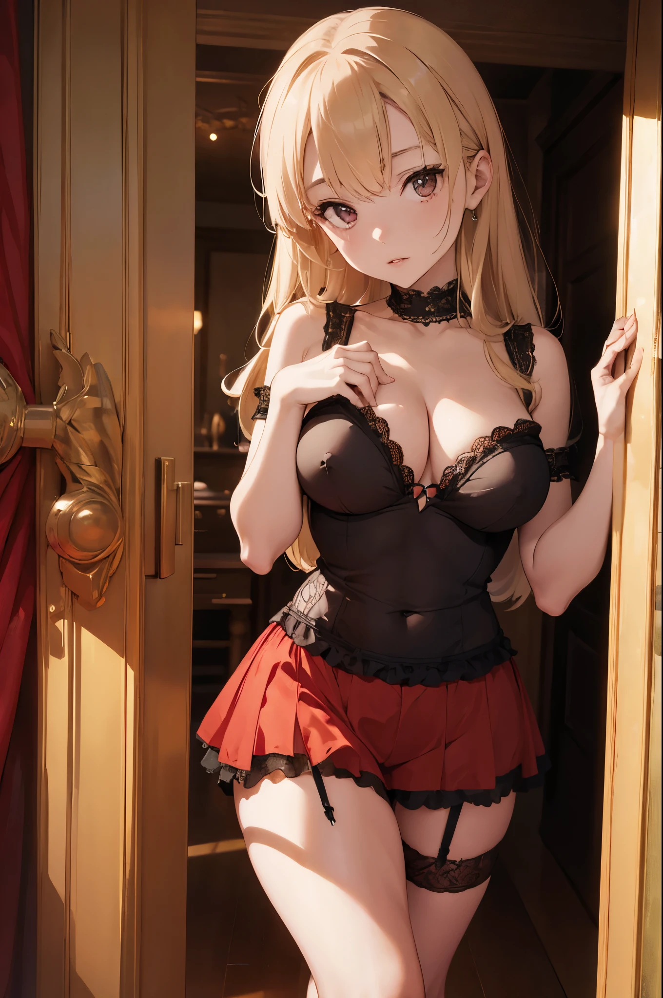 Elegant blond woman in black and red lingerie posing in doorway, a portrait inspired by Leila Faithfull, flickr, figuration libre, garter belt, elegant seducing pose, boudoir, sultry and beckoning, posing in a bedroom, boudoir photography, lingerie, alluring, beautiful sexy woman photo, full length shot, side on, luxurious curtain, golden, masterpiece, best quality, jenya.d