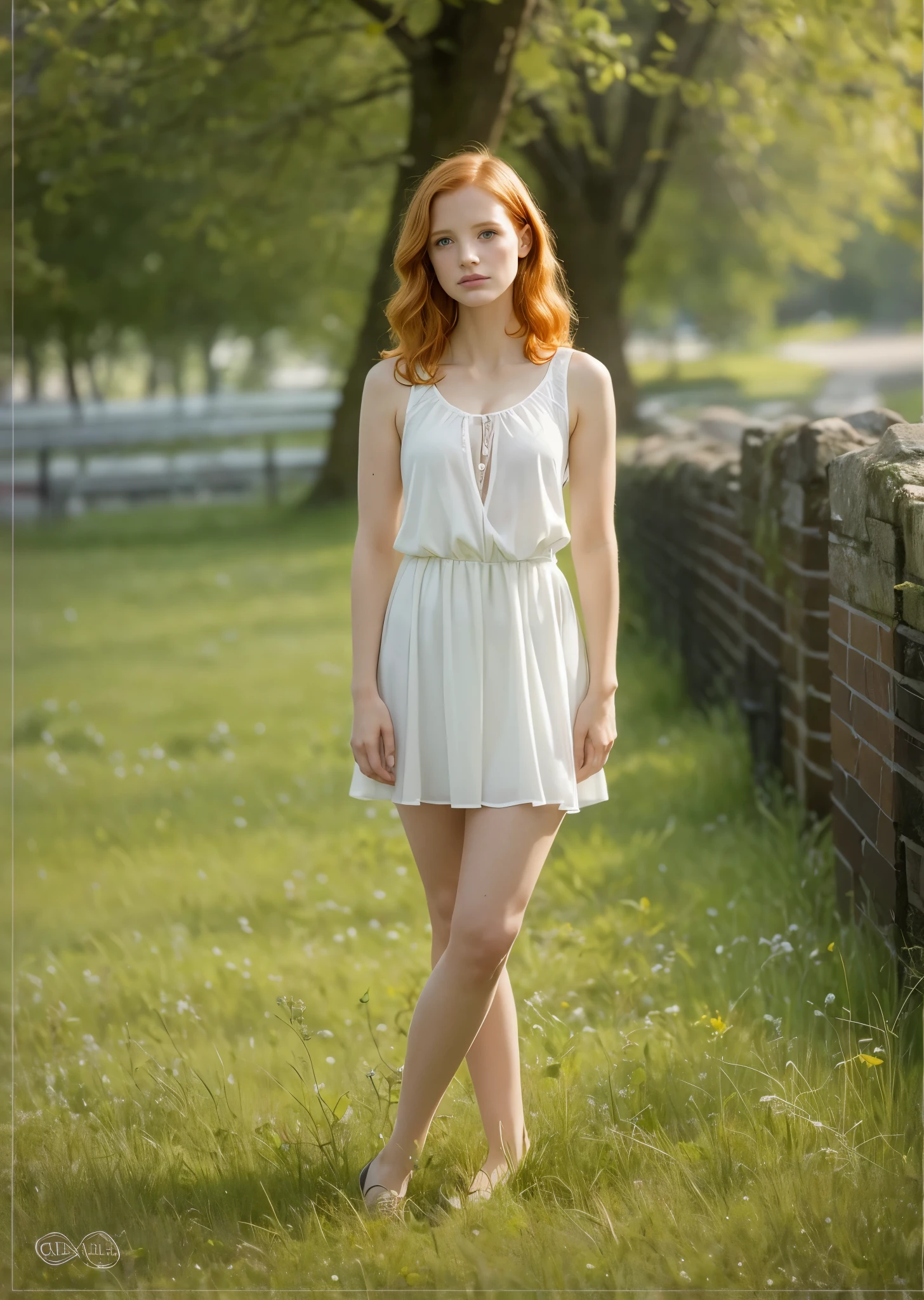 (Jessica Chastain:1.2), slim, skinny, beautiful face, thin face, Irish **** girl slim model, narrow hips, standing pose, long thin legs, ginger hair, freckles, shy pose, (college classroom in background, wearing a light summer white dress, ginger hair, shy, 18 year old girl, long legs, narrow waist, narrow hips, slim, beautiful teenage girl), (Teen model, ************, young), Ethereal beautiful, slim, ginger hair, green eyes, Soft light, ((David Hamilton Style)), full body picture, masterpiece, Best Quality, Photorealsitic, 8K, High resolution, Detailed skin, 8K UHD, Digital SLR, Soft lighting, High quality, Film grain, FUJI XT3