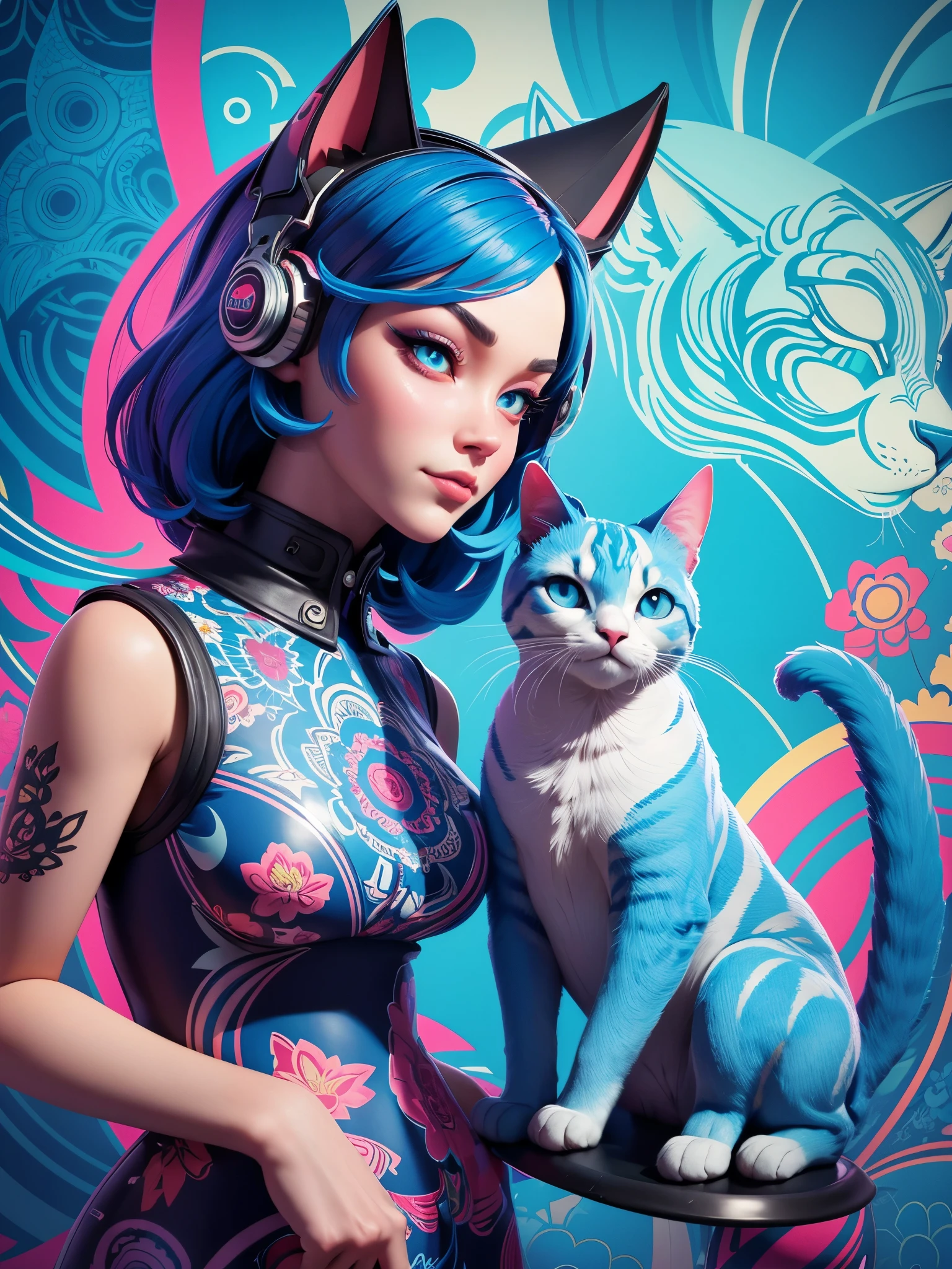 a woman brightly colored floral background with a blue/red vase and a blue/white cat, stylized digital illustration, in style of digital illustration, psychedelic hip hop, tristan eaton's wallpaper, psychedelic hip-hop, psychedelic organic cyborg, dmt art, in style of digital art, digital art ”, digital art”, maximalism digital art, artistic digital art, stylized digital art