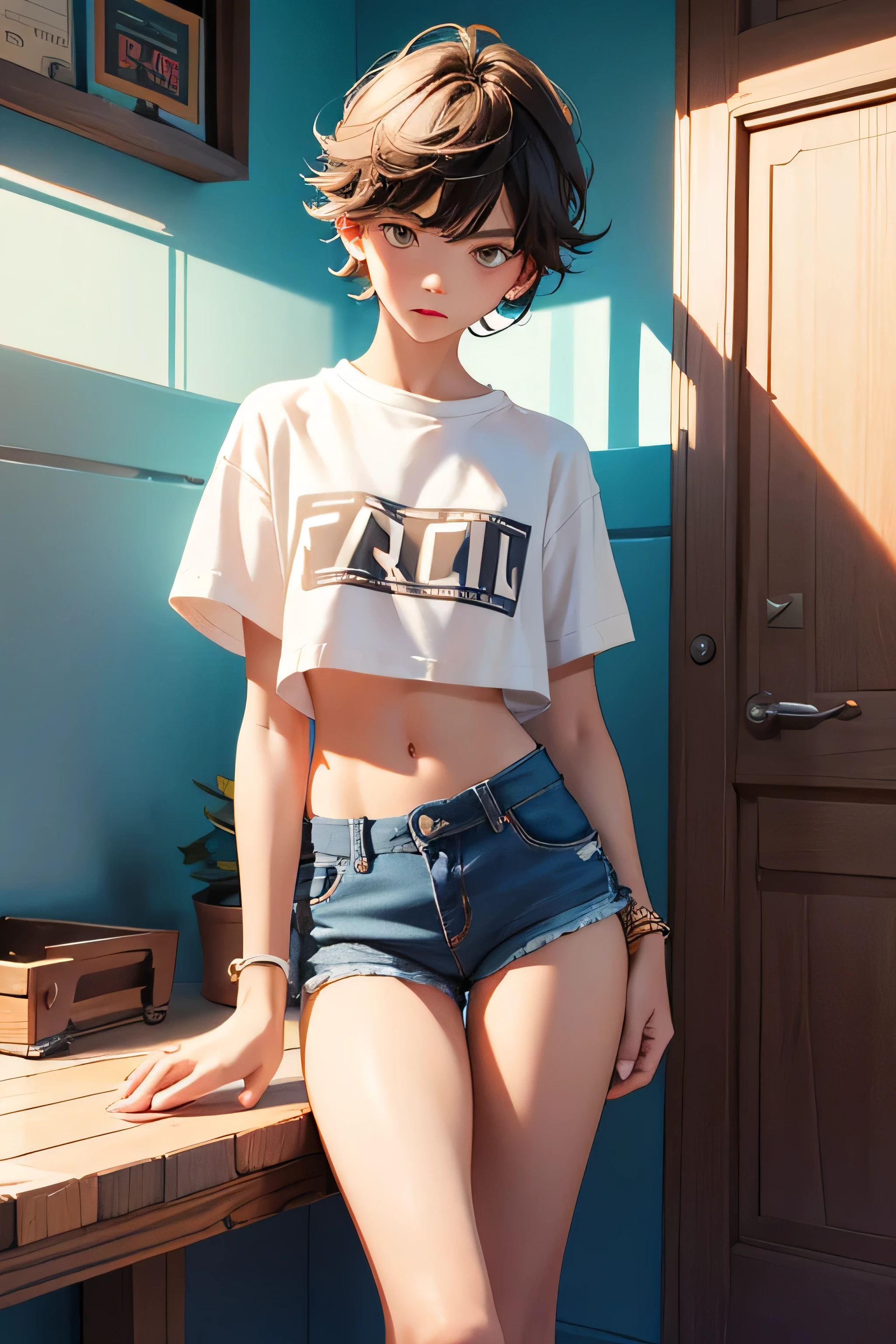 Teen boy-model 14 years old, boy wears a crop shirt and too very short mini shorts, beautiful long legs, cuffed, hot summer, boy flirty posing and temptation, highest quality,