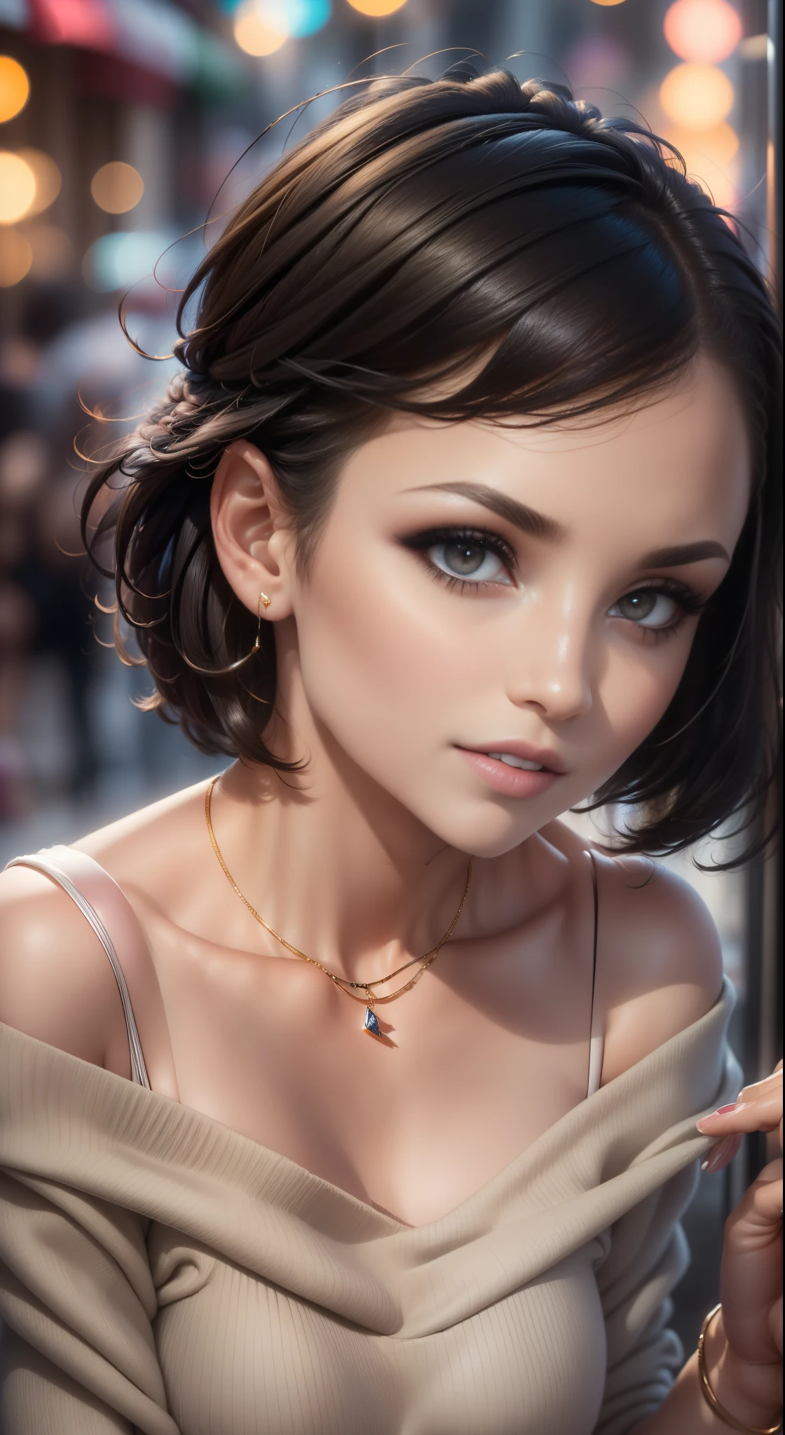 extreme close up of face, piercing eyes, (lips apart: 1.4), (2 front teeth showing:1.2) looks straight, 22-year-old pretty happy mixed race woman, smirk, raised left eye brow, short hair from the salon, dressed in an off-the-shoulder sweater, necklace, close-up portrait, in a street café in 2015, daylight, [(Selena Gomez:0.5)|( Kristen Bell:1.0)]