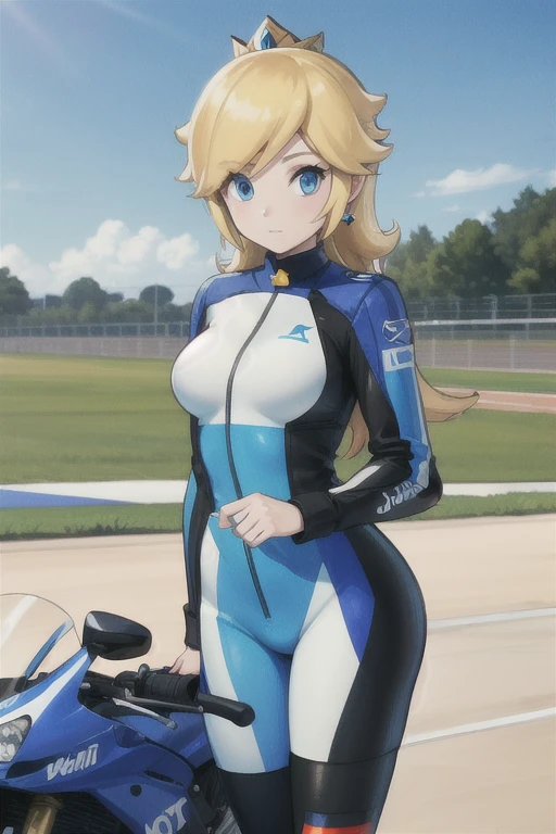 masterpiece, high quality, extremely detailed, 1girl, mature female, solo, ambient soft lighting, perfect lighting, princess_rosalina_mariokart_outfit, white and blue motorcycle suit, long hair, bright blue eyes, naturally pale skin, ((Background: Outside, bright and sunny, empty race track, standing next to a motorcycle)), The 4k textures showcases the utmost level of detail, while the cinematic lighting adds depth and adventure to the scene
