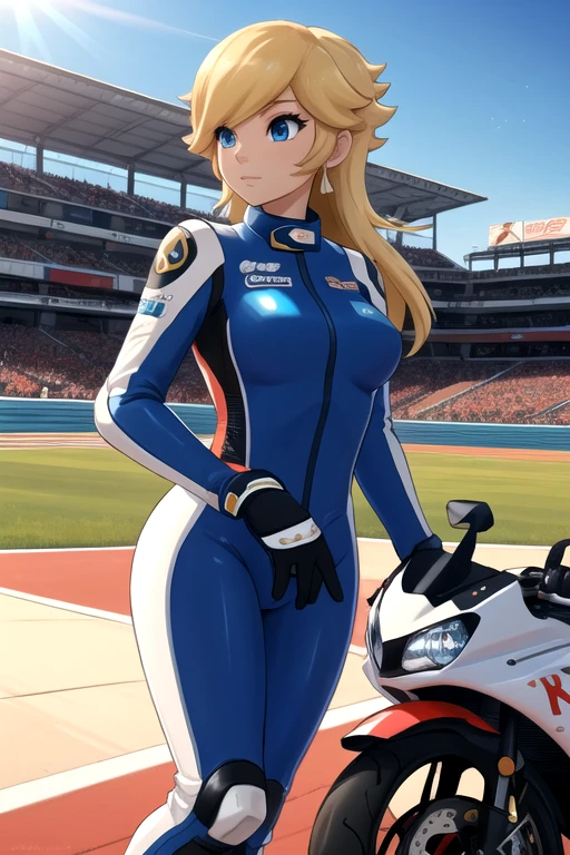 masterpiece, high quality, extremely detailed, 1girl, mature female, solo, ambient soft lighting, perfect lighting, princess_rosalina_mariokart_outfit, white and blue motorcycle suit, long hair, bright blue eyes, naturally pale skin, ((Background: Outside, bright and sunny, empty race track, standing next to a motorcycle)), The 4k textures showcases the utmost level of detail, while the cinematic lighting adds depth and adventure to the scene
