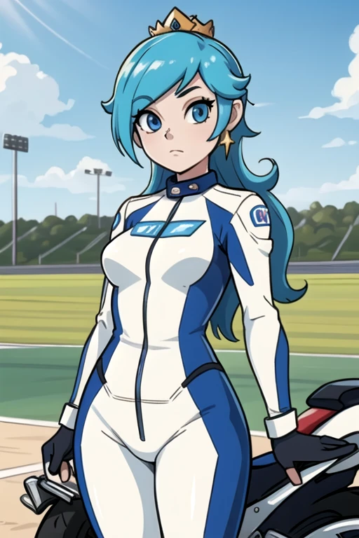 masterpiece, high quality, extremely detailed, 1girl, mature female, solo, ambient soft lighting, perfect lighting, princess_rosalina_mariokart_outfit, white and blue motorcycle suit, long hair, bright blue eyes, naturally pale skin, ((Background: Outside, bright and sunny, empty race track, standing next to a motorcycle)), The 4k textures showcases the utmost level of detail, while the cinematic lighting adds depth and adventure to the scene
