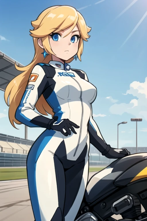 masterpiece, high quality, extremely detailed, 1girl, mature female, solo, ambient soft lighting, perfect lighting, princess_rosalina_mariokart_outfit, white and blue motorcycle suit, long hair, bright blue eyes, naturally pale skin, ((Background: Outside, bright and sunny, empty race track, standing next to a motorcycle)), The 4k textures showcases the utmost level of detail, while the cinematic lighting adds depth and adventure to the scene
