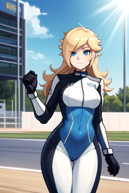 masterpiece, high quality, extremely detailed, 1girl, mature female, solo, ambient soft lighting, perfect lighting, princess_rosalina_mariokart_outfit, white and blue motorcycle suit, long hair, bright blue eyes, naturally pale skin, ((Background: Outside, bright and sunny, empty race track, standing next to a motorcycle)), The 4k textures showcases the utmost level of detail, while the cinematic lighting adds depth and adventure to the scene
