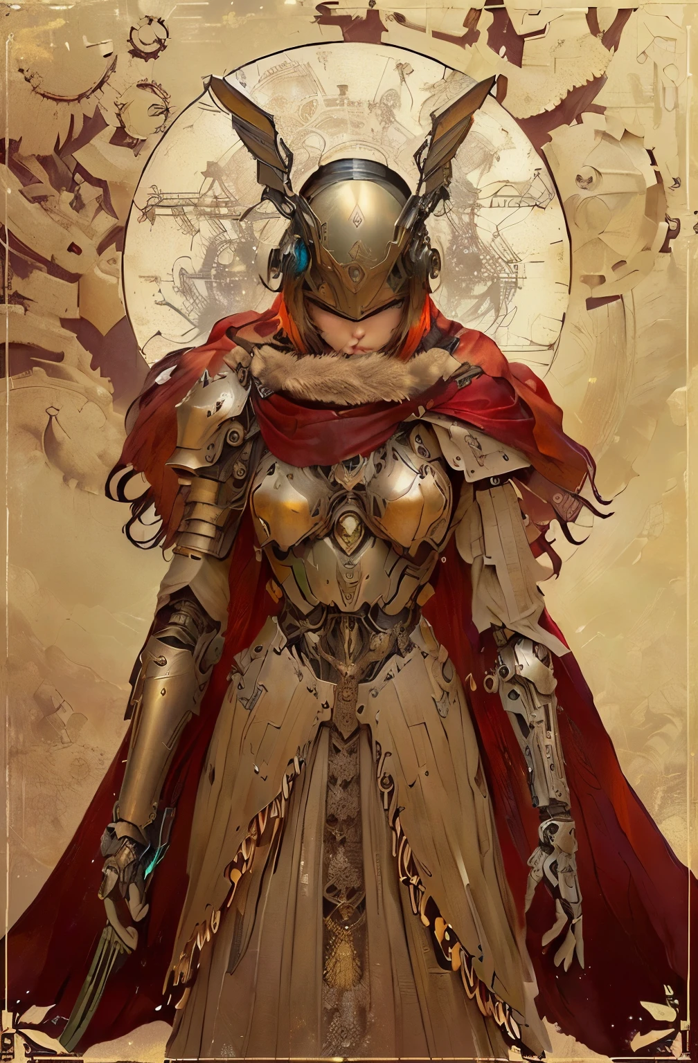 female automata, mechanical humanoid, steampunk, iridescent hair, with face covered, mechanical wings on the back, covered with light armor revealing its mechanical parts in areas such as the abdomen ((best quality)), ((masterpiece)), (detailed