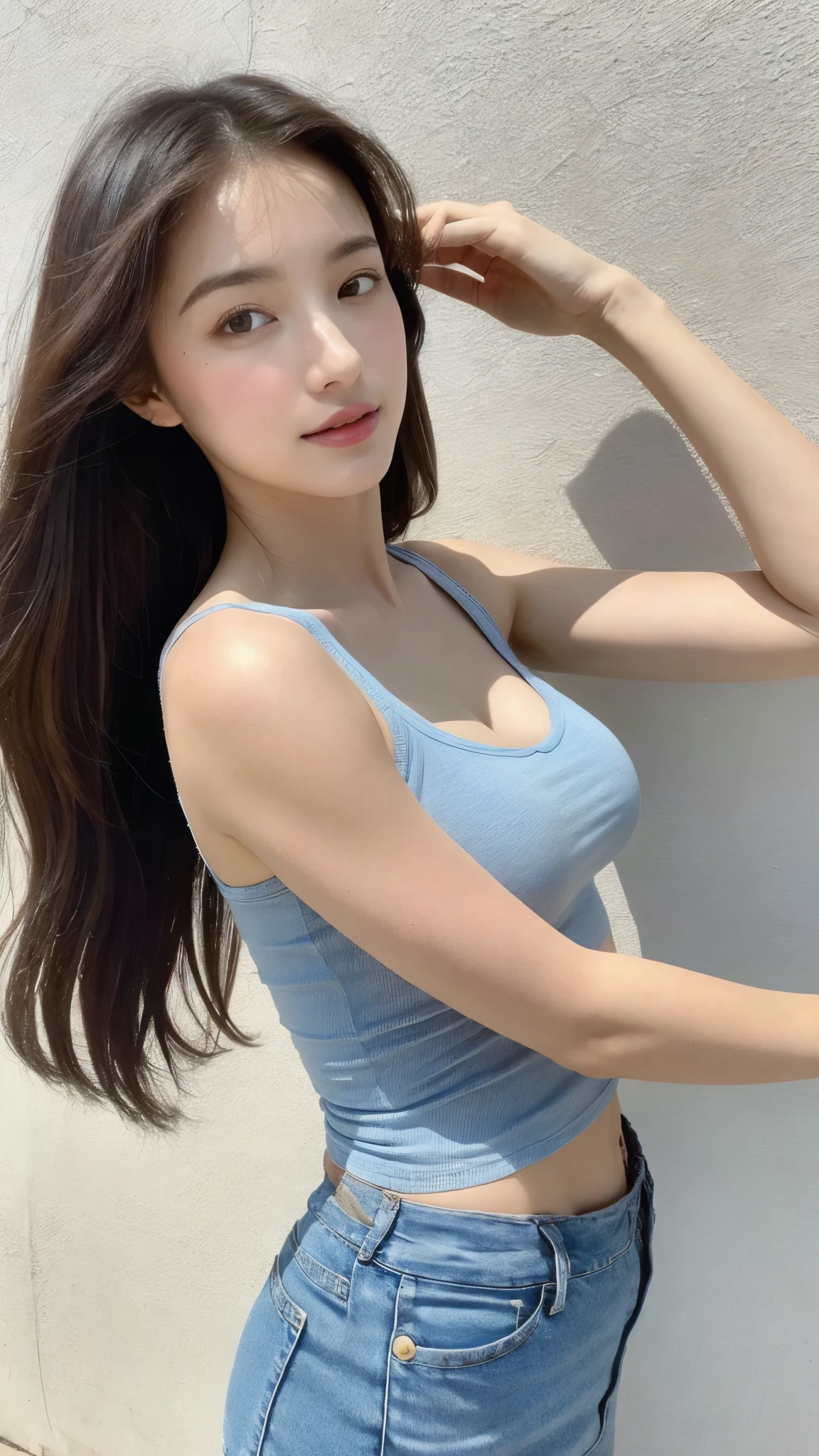 （Realistic， high resolution：1.3）， 1 fille avec un corps parfait， Visage et yeux super fins，cheveux longs， Random Color Tank Top：1.2， jeans court， gros seins，Exposer le décolleté