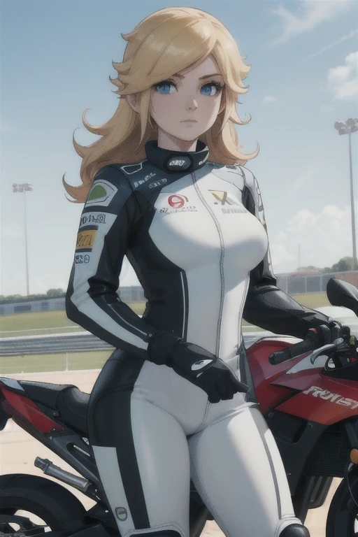 masterpiece, high quality, extremely detailed, 1girl, mature female, solo, ambient soft lighting, perfect lighting, princess_rosalina_mariokart_outfit, white and blue motorcycle suit, long hair, bright blue eyes, naturally pale skin, ((Background: Outside, bright and sunny, empty race track, standing next to a motorcycle)), The 4k textures showcases the utmost level of detail, while the cinematic lighting adds depth and adventure to the scene
