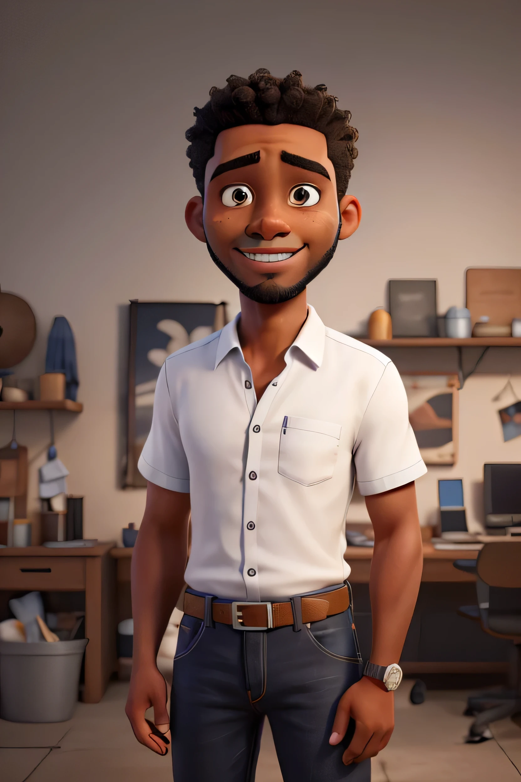((best quality)), ((artwork)), (detailed), perfect face, black man, short beard, dark hair, black hair, mechanic uniform, white shirt, jeans
