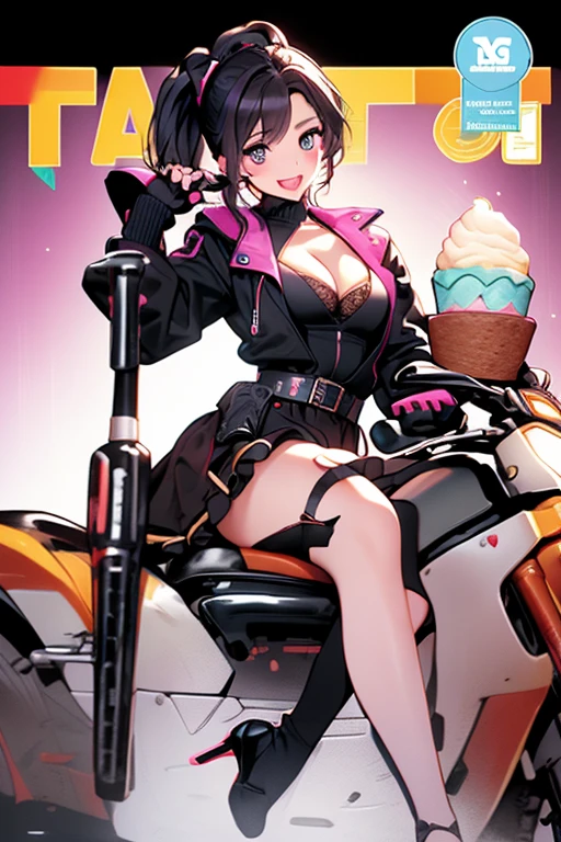 1 girl, small nose, very beautiful detailed face and eyes, bright colors, cute face, delicate beautiful face, Bright magenta eyes, cute eyes, sparkling eyes, Big eyes, (small breasts:1.3), (perky chest:1.1), (pointed chest:1.0), (icecream magazine cover:1.3)，highest quality, WorKs of masters, High resolution,BlacK color hair，shiny hair, side ponytail,hair between eyes,bangs, (black jacket, real clothes, cleavage, black skirts, black thighhighs, thigh strap, fingerless gloves, single glove:1.2) , spread legs, panties shot, medium hips, glamorous body, white skin, smile, thin pubric hair, super beautiful face, Super beautiful eyes, Super beautiful hair，trendy outfit，sexy and attractive,full body esbian, Real World, Natural light,perfect Natural light,(with sparkling eyes and a contagious smile), This masterpiece is not only visually stunning but also tells, make of cake cooking , in the kitchen, open mouth, looking at viewer,
