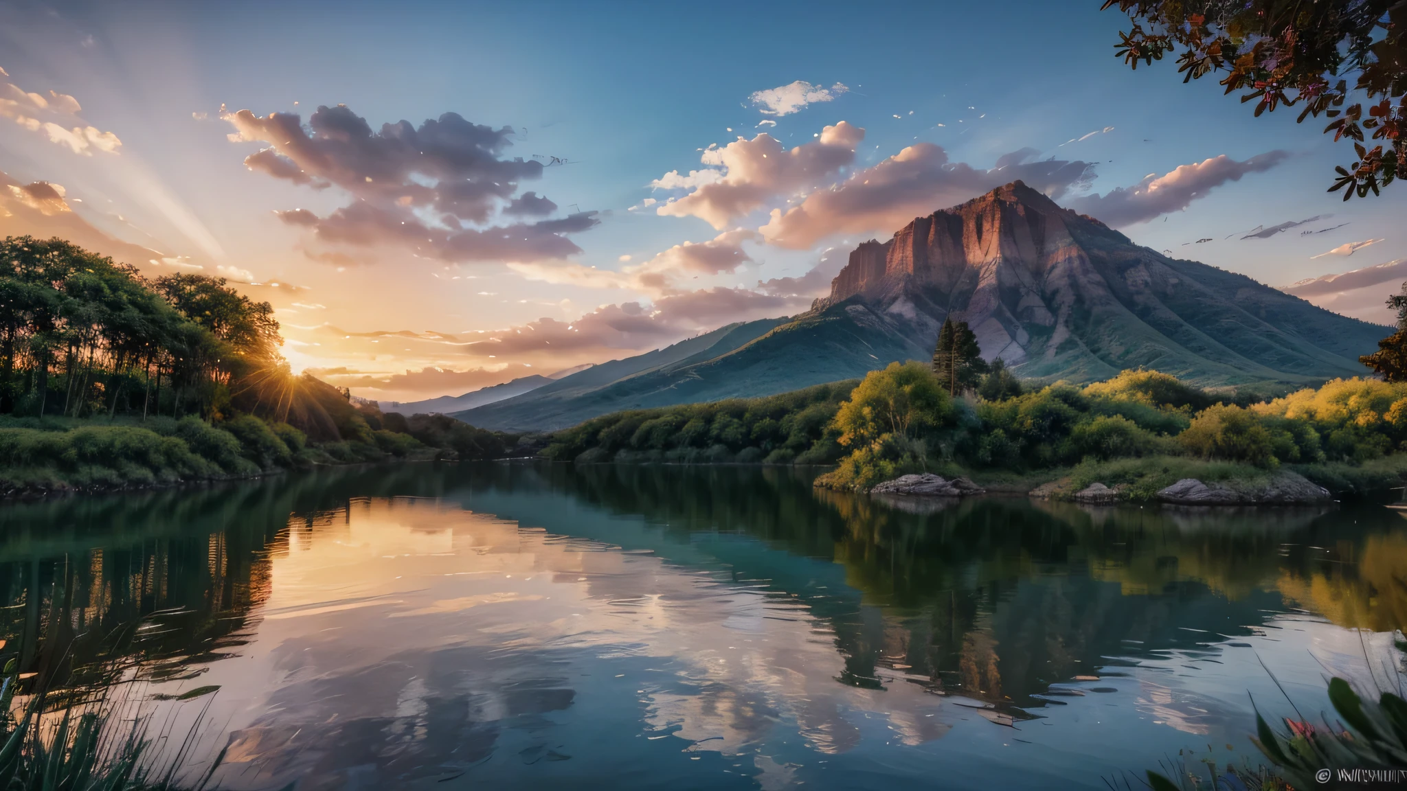 (Paisagem aquarela) : sunset,Barcos Alafud na margem de um lago de montanha, calma de outono, lindo lago, cena quente e bonita, Magnificent natural landscape, Cores deslumbrantes, Papel de parede com natureza, paisagem colorida e extravagante, lago vermelho, natureza bela, осенний sunset, beautiful epic landscapes, Mergulhe na natureza, The landscape is beautiful, lindo lago background, natureza deslumbrante no fundo, Colors are bright and rich in a hyper-realistic landscape., Em cores fotorrealistas, 4k, Cinema lighting, Luz natural, attention to the details, Fotorrealista, volumetric lighting and shading, 4k HD matte digital painting, Imagens impressionantes de 8K,Cor HDR,High definition and detailed ultra-realistic watercolor painting,