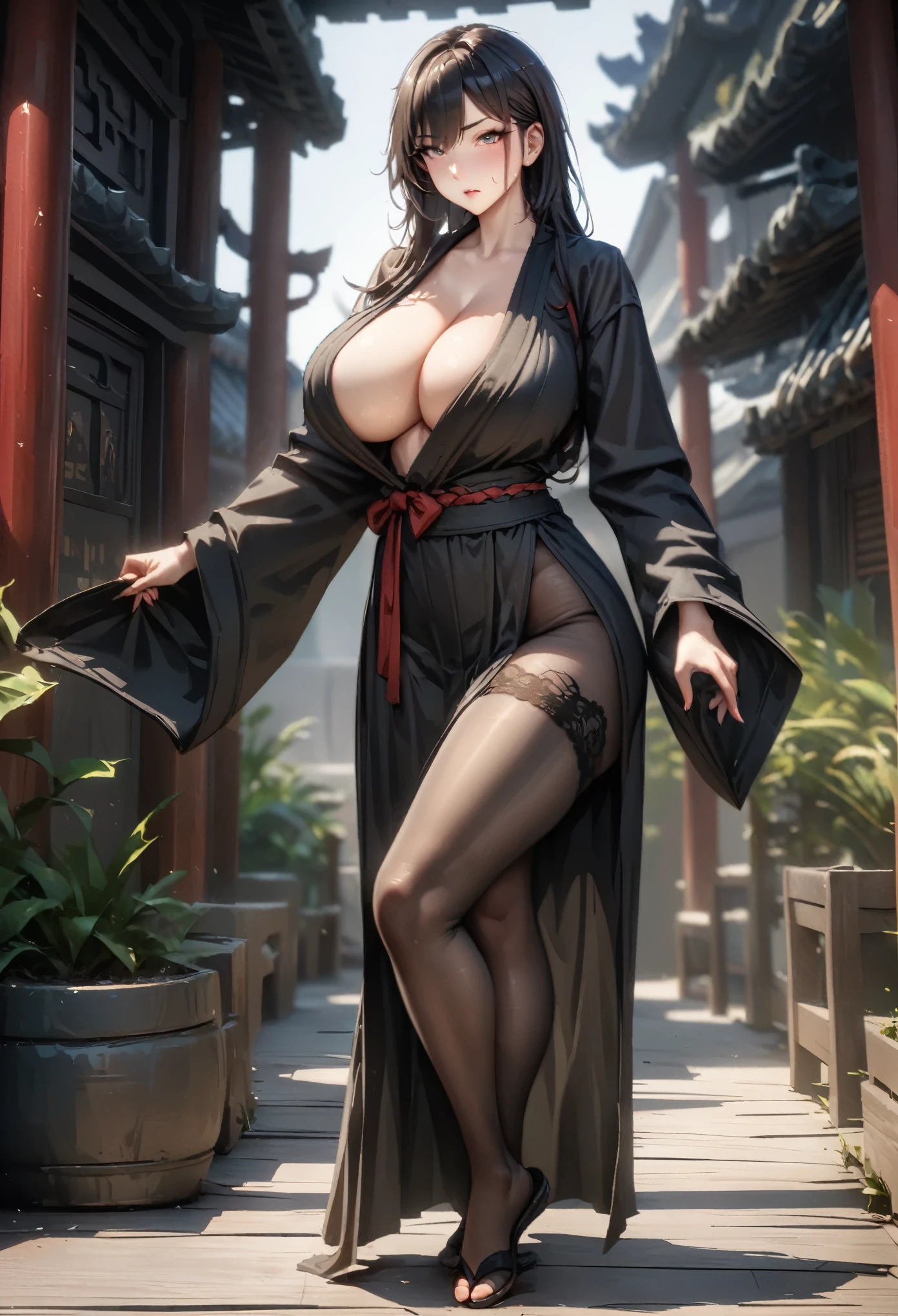 (8k, best quality, masterpiece:1.2),\(Eye details\),\(Facial features details\),(\(Clothes details details\)\),(1 girl:1.3),solo,full body,silicon dioxide,Black hair,left bangs,tall body,Costume,中色Costume美人,assassin,Large Breasts,huge breasts,cleavage,slim waist,[Thin｜thigh outcuting]Black Hanfu,Black lace tights,Martial Arts,(QIEMANCN),masterpiece肖像, Extreme details, (character focus:1.4), Very detailed, HDR, Super detailed, best quality, best quality, Realistic lighting, Ultra Detailed