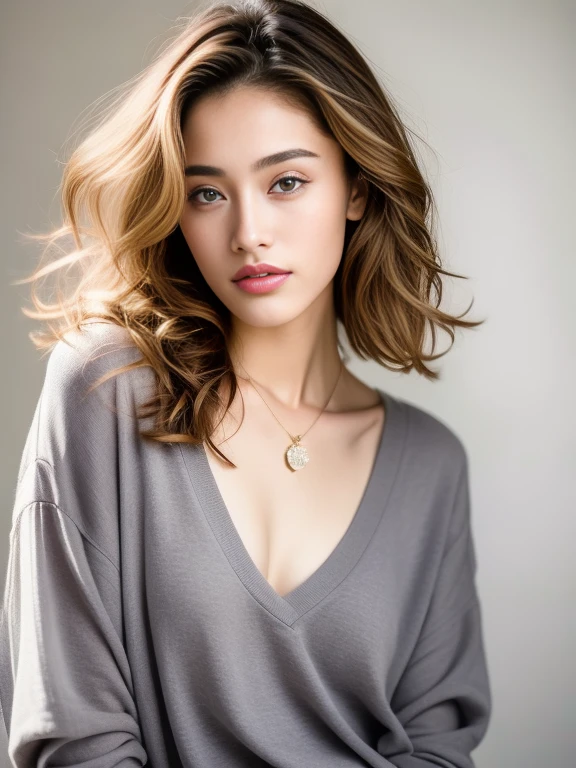 Fashion model 21 years old [[[a closeup]], [[[tiny chest]]], [[[sensual ]], [Shoulder]], perfect  eyes, perfect irises, Perfect lips, perfect teeth, flawless skin, Soft front light, Glow, nfsw, (soft colours:1.2)、a necklace、Curly hair、highlights hair、half-opened V-neck gray sweater, full waist up pose , upper knees pose 