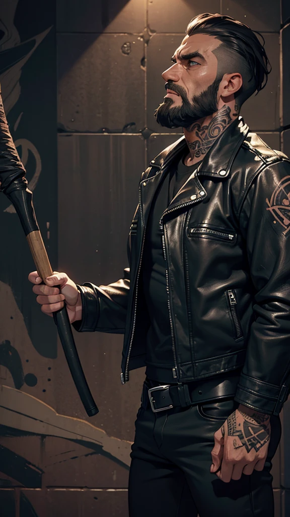 Man, leather jacket and black T-short, beard, a sneer, tattoos , with a bat in his hands