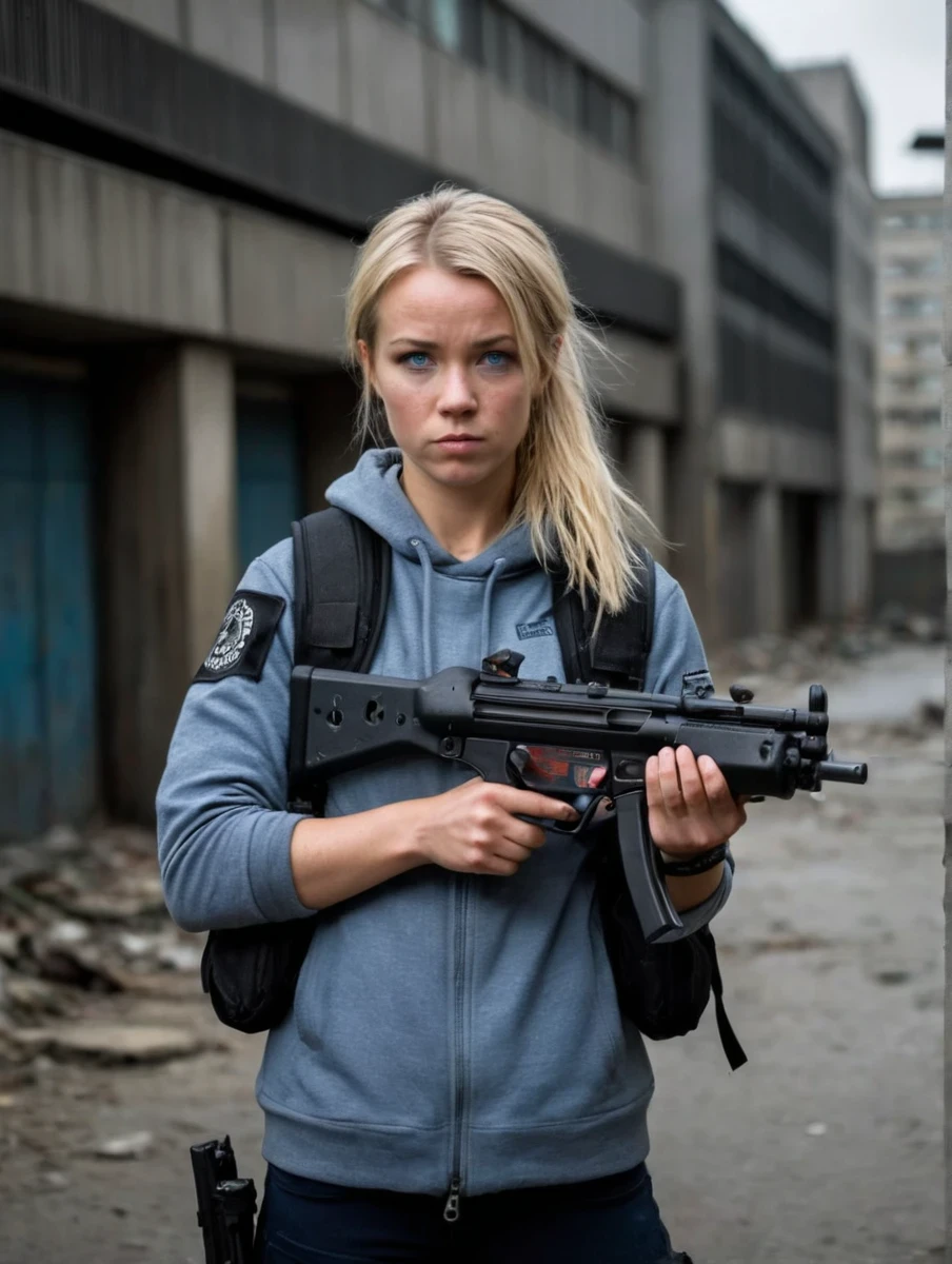 Danish police 24 years old woman in post apocalyptic city, holding mp5, aiming with mp5, hkmp5 by Brandon Anschultz, ready to fire, (blonde, blue eyes, runners body, extremely beautiful:1.2),(masterpiece, best quality:1.2)