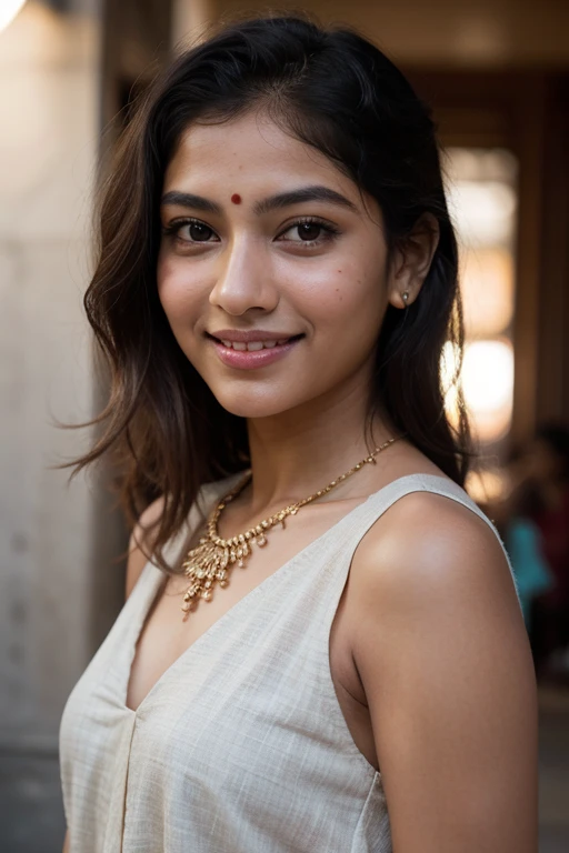 Best quality, masterpiece, super high resolution, pure body, clear pores visible, (smile:0.8), (((desi girl))), chubby face, 24 years old girl look like sai pallavi who wearing cyan color indian sari, (realism:1.5), original photo, bare shoulders, in the dark, night scene, deep shadows, low-key, cold light, kind face, beautiful light wavy thin hair(not heavy hair:0.6), attractive neck, beautiful-cute brown eyes, light and thin eyebrows, no makeup, wearing light thin necklace in her neck, and smiling.skin color should be chocolate skin and lip light pink color, Take her picture from outside of indian wedding event background. Show her full picture, indian pose, bokeh, no dot in her forehead, smile in her face, (ponytail: 0.5), cute cheek, not perfect noise.
Indian, front photo.