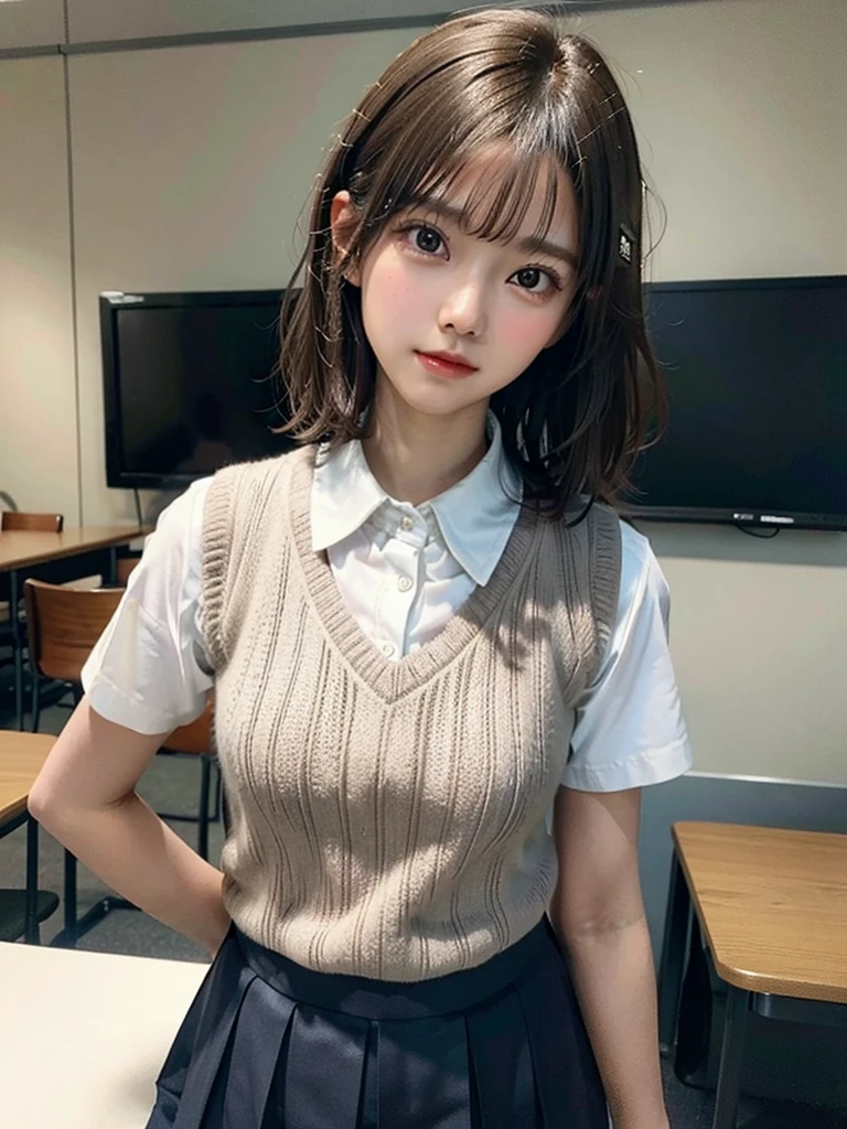 Masterpiece, Top Quality, Top Mikoto, brown eyes, short hair, small breasts, looking at viewer, alone, closed mouth, collared shirt, beige knit vest, dark blue Skirt, school_uniform, shirt, white_shirt, classroom,Masterpiece, highest quality, 8K, detailed skin texture, fine cloth texture, beautiful detailed face, intricate details, super detailed,cute,cute posing,composition that shows the whole body,