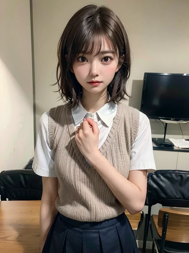 Masterpiece, Top Quality, Top Mikoto, brown eyes, short hair, small breasts, looking at viewer, alone, closed mouth, collared shirt, beige knit vest, dark blue Skirt, school_uniform, shirt, white_shirt, classroom,Masterpiece, highest quality, 8K, detailed skin texture, fine cloth texture, beautiful detailed face, intricate details, super detailed,cute,cute posing,composition that shows the whole body,
