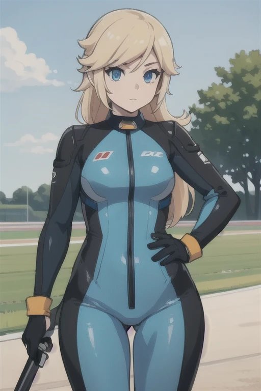 masterpiece, high quality, extremely detailed, 1girl, mature female, solo, ambient soft lighting, perfect lighting, princess_rosalina_mariokart_outfit, white and blue motorcycle suit, long hair, bright blue eyes, naturally pale skin, ((Background: Outside, bright and sunny, empty race track, standing next to a motorcycle)), The 4k textures showcases the utmost level of detail, while the cinematic lighting adds depth and adventure to the scene
