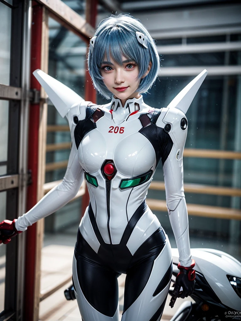 Masterpiece, highest quality, 8K, detailed skin texture, fine cloth texture, beautiful detailed face, intricate details, super detailed, portrait of Rei Ayanami, blue hair, red eyes, looking far away, no background, Evangelion Wearing a plug suit when riding, plug suit, whole body visible, standing, arms crossed, 15 years old, beautiful, cute, great style, smiling,composition that shows the whole body,