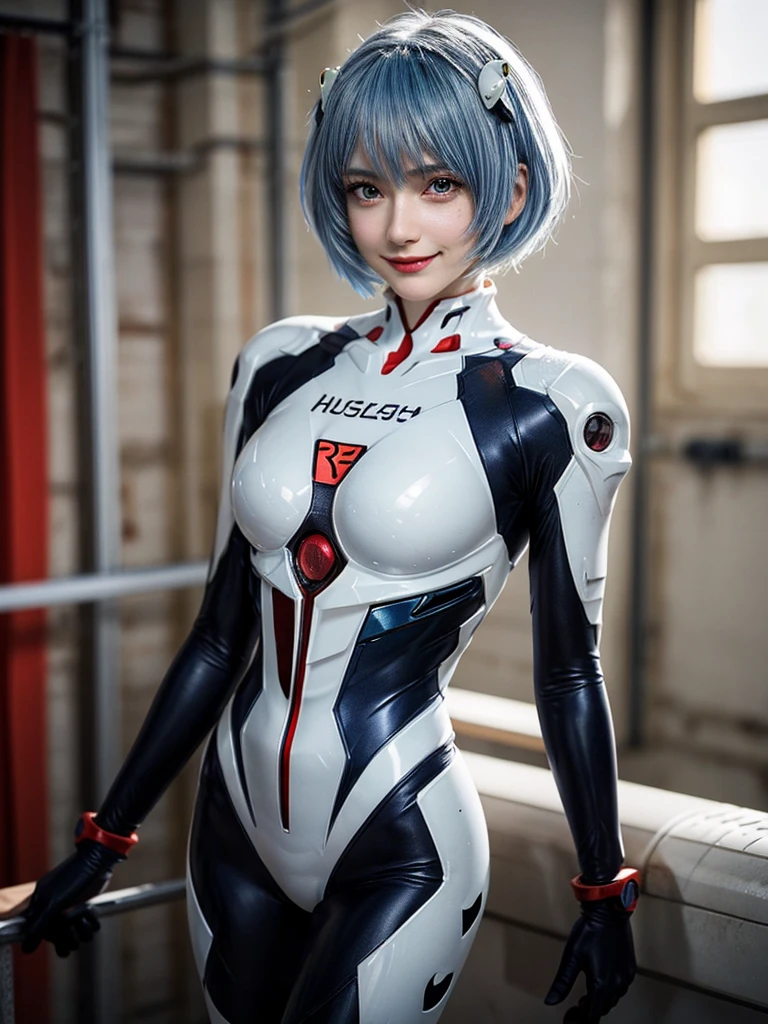 Masterpiece, highest quality, 8K, detailed skin texture, fine cloth texture, beautiful detailed face, intricate details, super detailed, portrait of Rei Ayanami, blue hair, red eyes, looking far away, no background, Evangelion Wearing a plug suit when riding, plug suit, whole body visible, standing, arms crossed, 15 years old, beautiful, cute, great style, smiling,composition that shows the whole body,