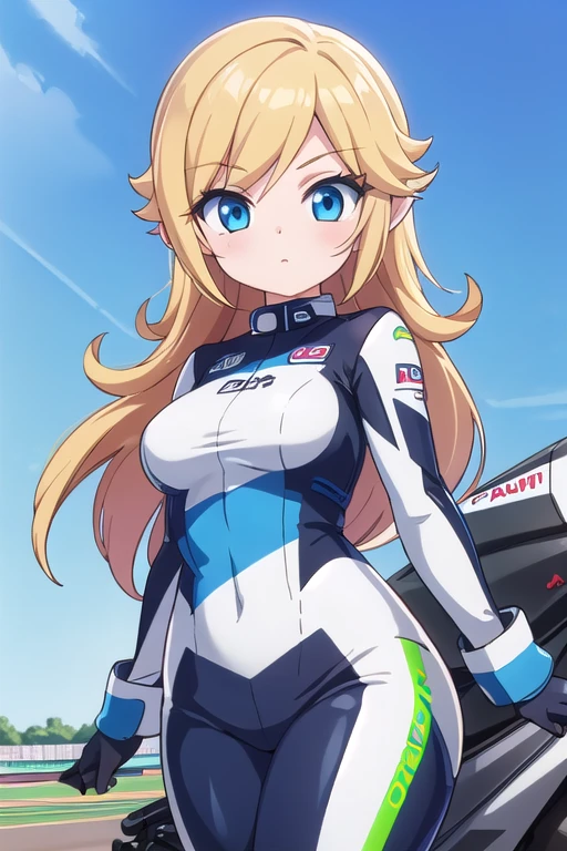 masterpiece, high quality, extremely detailed, 1girl, mature female, solo, ambient soft lighting, perfect lighting, princess_rosalina_mariokart_outfit, white and blue motorcycle suit, long hair, bright blue eyes, naturally pale skin, ((Background: Outside, bright and sunny, empty race track, standing next to a motorcycle)), The 4k textures showcases the utmost level of detail, while the cinematic lighting adds depth and adventure to the scene
