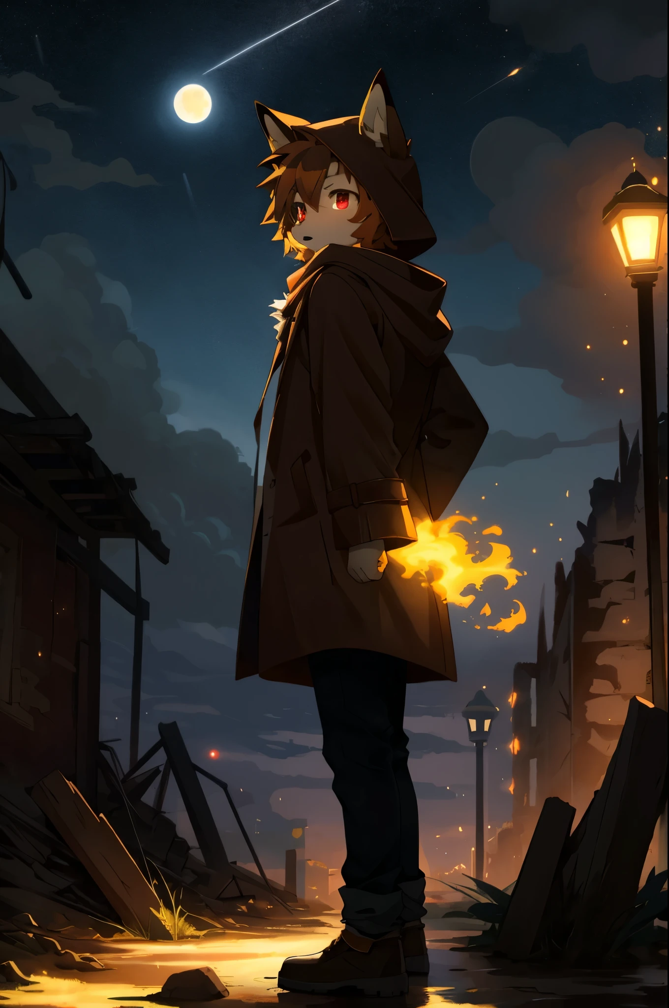 masterpiece, best quality, 4K,Ultra-delicate, Shota the fox, solo, Skin fur, Golden fur, Golden yellow face fur, Red eyes, Brown elements on fur, Brown coat brown hood up, Beautiful lights and shadows, Ambient light, Ultra-fine fur, natural lighting, Fluffy tail, Dilapidated building, Plant elements in ruins, Night, starry sky, Shiny hair(moon full, meteors)Star cloud, Warm light source, Rained, wet clothes(overcast sky, Standing downpour)Extra-long sleeves, Purple and orange, Complicated details, Volumetric lighting, Dynamic configuration, luminous lighting, Atmospheric lighting, dream magical, magic, Glowing light,