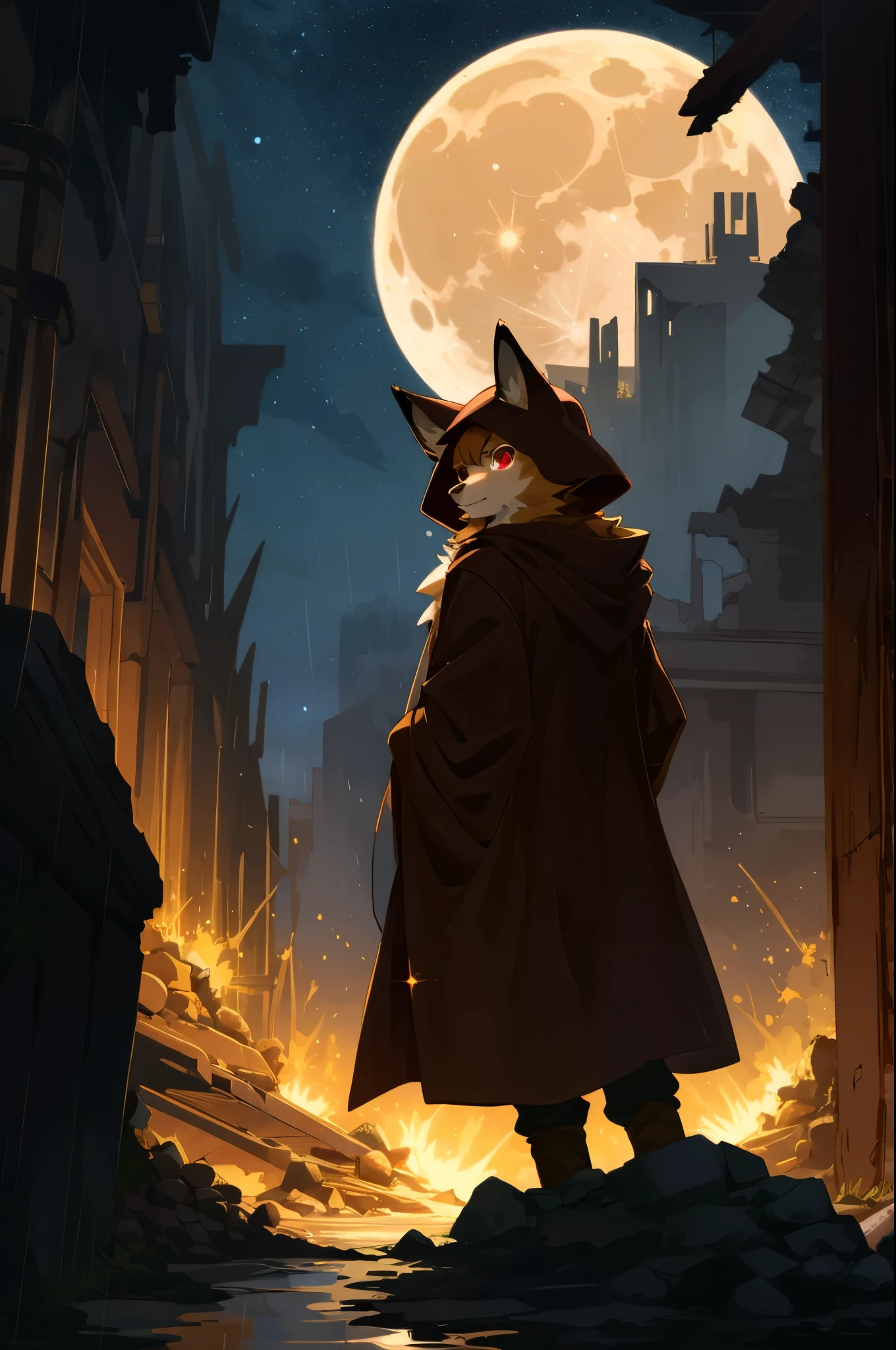 masterpiece, best quality, 4K，Ultra-delicate, Shota the fox, solo, Skin fur, Golden fur, Golden yellow face fur, Red eyes, Brown elements on fur, Brown coat brown hood up, Beautiful lights and shadows, Ambient light, Ultra-fine fur, natural  lighting, Fluffy tail, Dilapidated building, Plant elements in ruins, Night, starry sky, Shiny hair(moon full, meteors)Star cloud, Warm light source, Rained, wet clothes(overcast sky, Standing downpour)Extra-long sleeves, Purple and orange, Complicated details, Volumetric lighting, Dynamic configuration, luminous lighting, Atmospheric lighting, dream magical, magic, Glowing light,